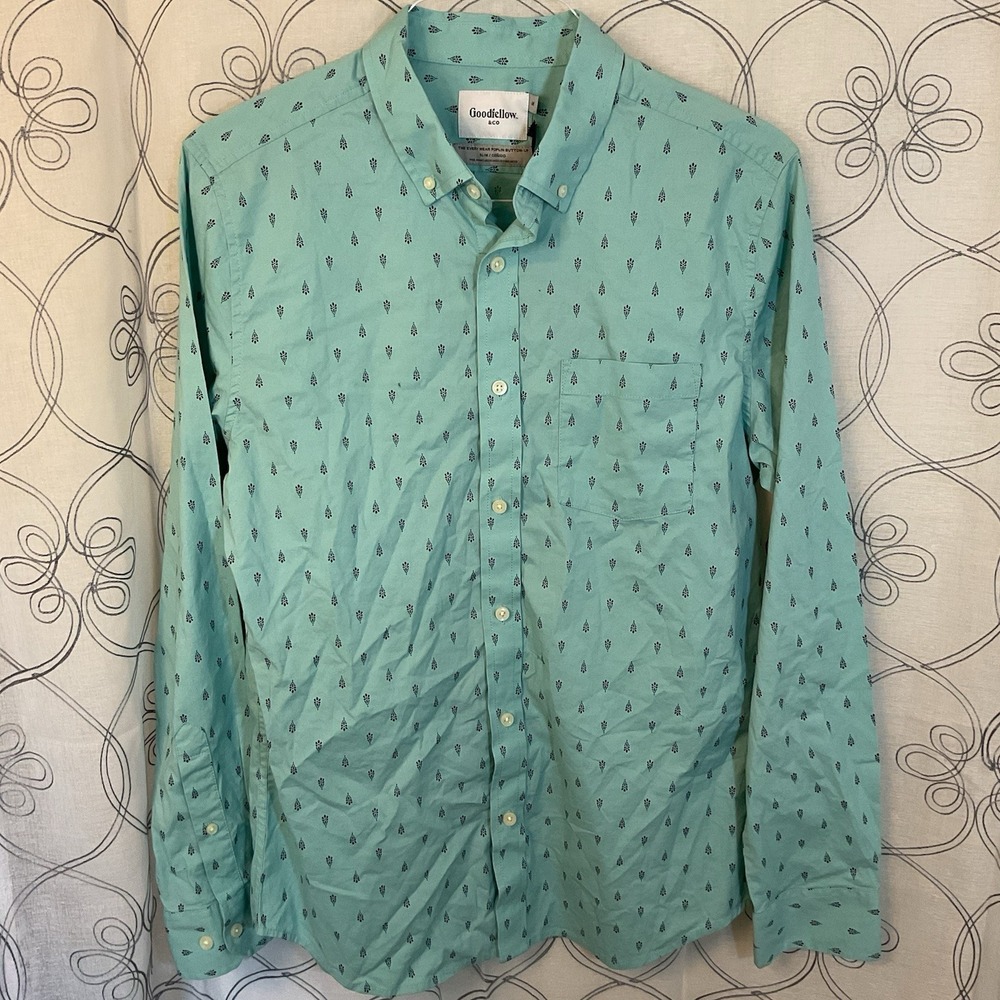 Goodfellow & Co‎ Slim Button Down Shirt Mens All Over Print Turquoise Size Small